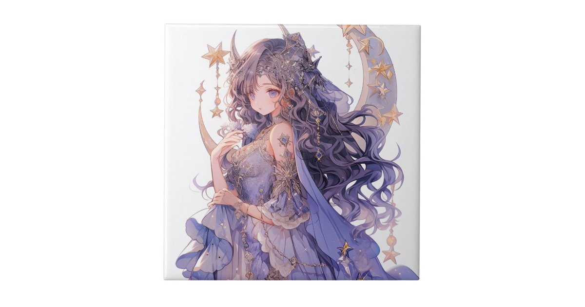 Anime Girl Purple Moon Princess Fantasy Art Ceramic Tile | Zazzle
