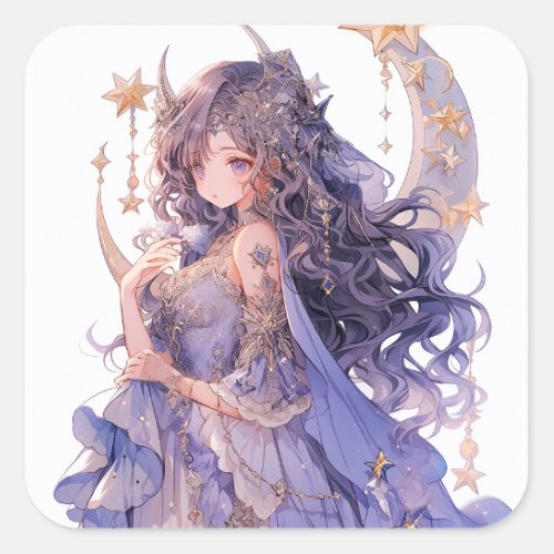 Anime Girl Purple Moon Princess Fantasy Art Square Sticker