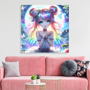 Anime Girl Rainbow Hair Singing Moon Fairy Canvas Print