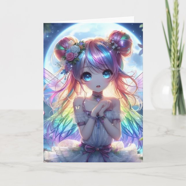 Anime Girl Rainbow Hair Singing Moon Fairy Card (Front)