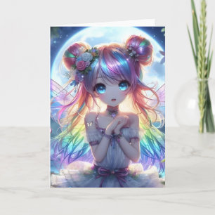 Anime Girl Rainbow Hair Singing Moon Fairy Card