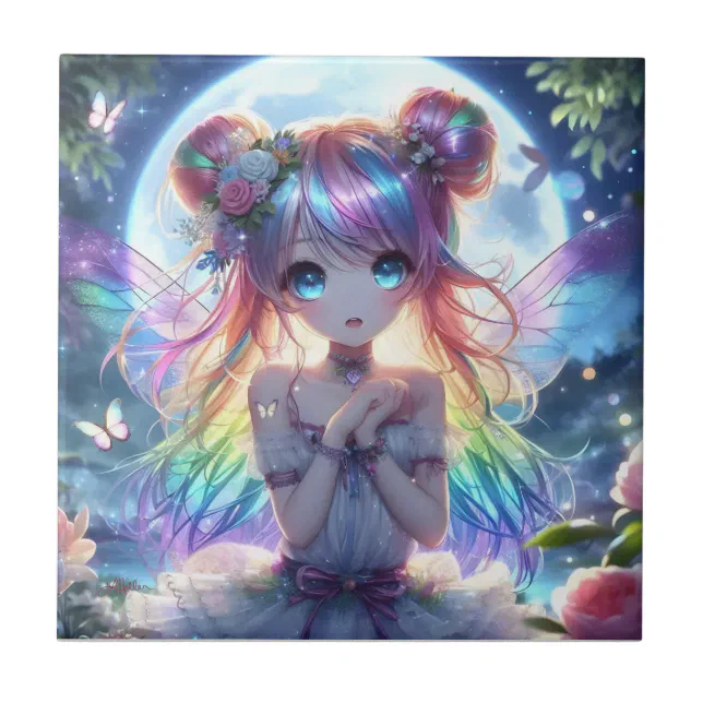 Anime Girl Rainbow Hair Singing Moon Fairy Ceramic Tile | Zazzle