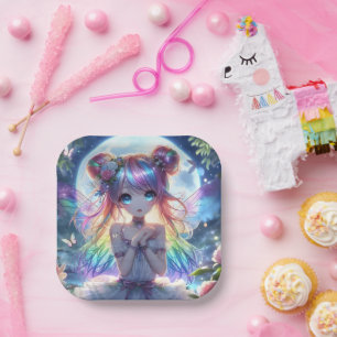 Anime Girl Rainbow Hair Singing Moon Fairy Paper Plates