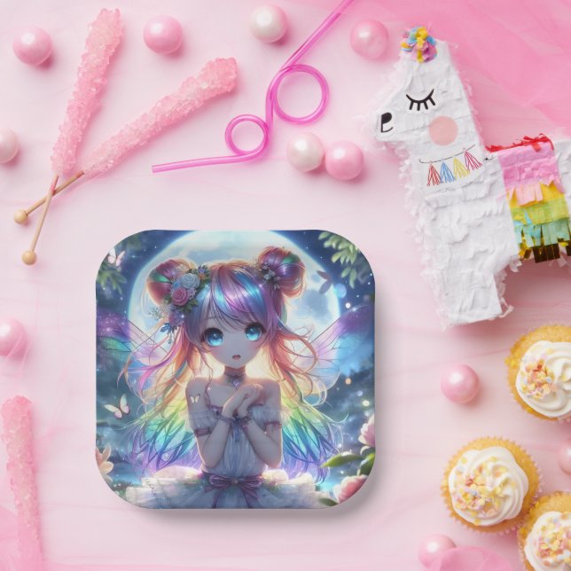 Anime Girl Rainbow Hair Singing Moon Fairy Paper Plates (Party)