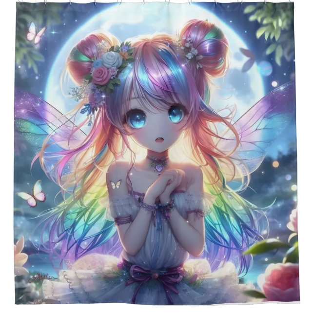 Anime Girl Rainbow Hair Singing Moon Fairy Shower Curtain (Front)