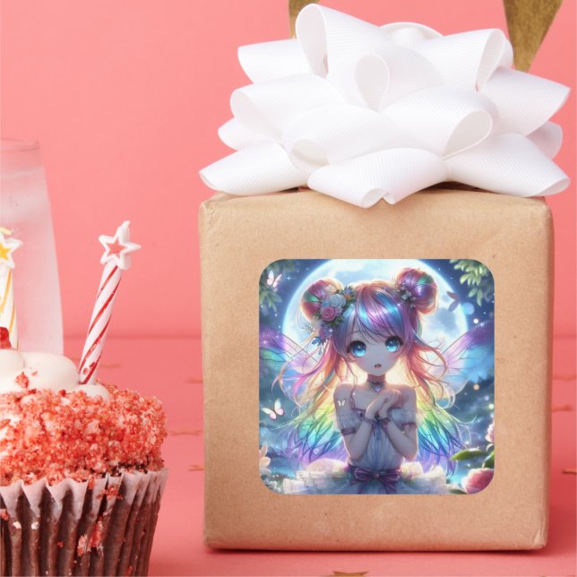 Anime Girl Rainbow Hair Singing Moon Fairy Square Sticker (Party)