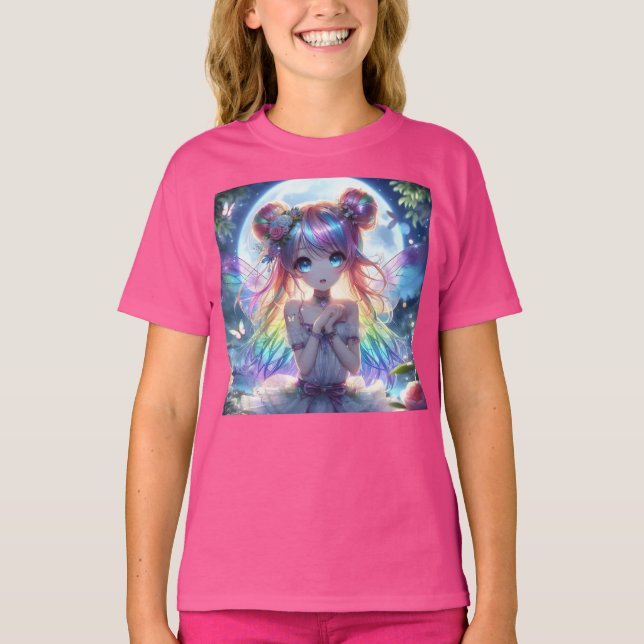 Anime Girl Rainbow Hair Singing Moon Fairy T-Shirt (Front)