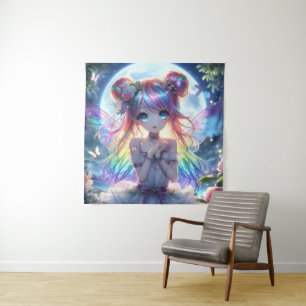 Anime Girl Rainbow Hair Singing Moon Fairy Tapestry