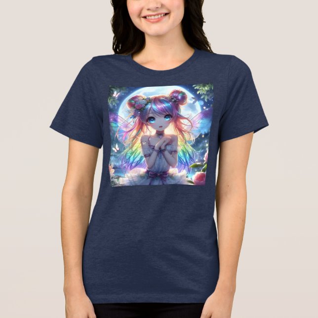 Anime Girl Rainbow Hair Singing Moon Fairy Tri-Blend Shirt (Front)