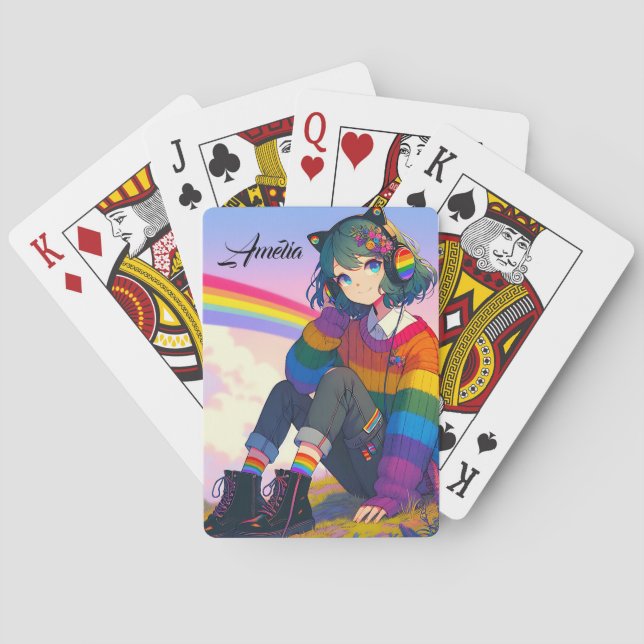 Anime Girl Rainbow Sweater Personalized  Poker Cards (Back)