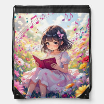 Anime Girl Reading in Flowers and Musical Notes