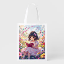 Anime Girl Reading in Flowers and Musical Notes
