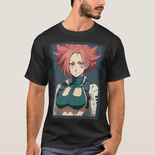 Anime Girl Red Hair and Green Top Military 