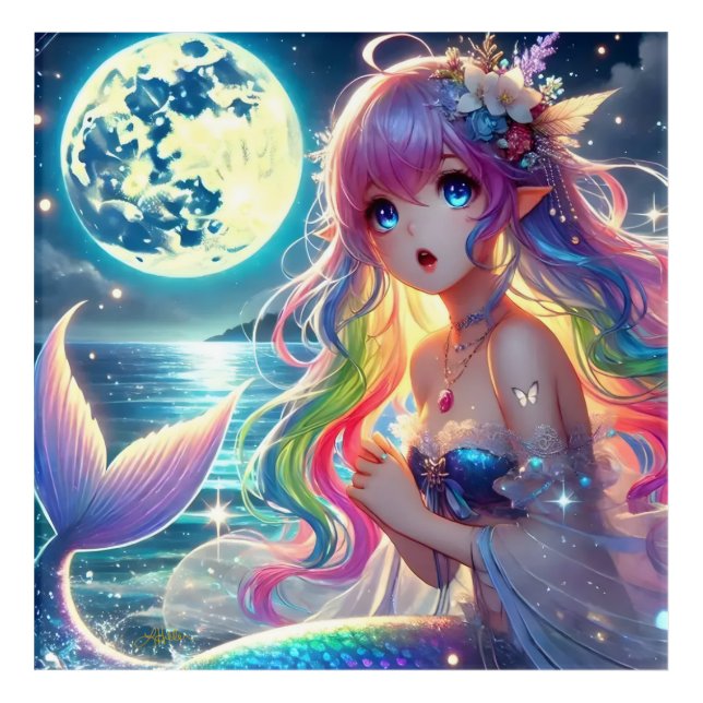 Anime Girl Singing Moonlight Pixie Rainbow Mermaid Acrylic Print (Front)