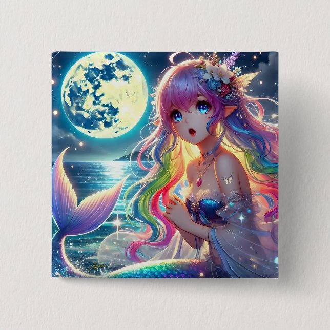 Anime Girl Singing Moonlight Pixie Rainbow Mermaid Button (Front)