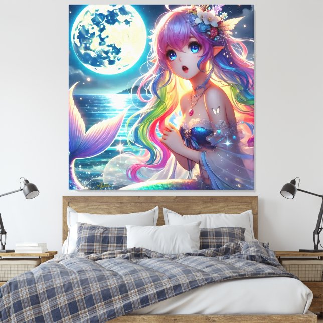 Anime Girl Singing Moonlight Pixie Rainbow Mermaid Canvas Print (Insitu(Bedroom))