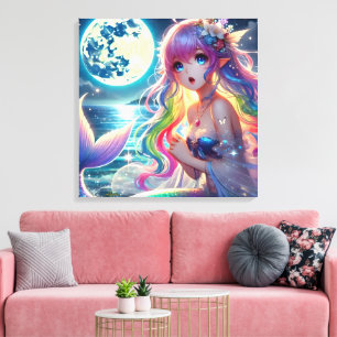 Anime Girl Singing Moonlight Pixie Rainbow Mermaid Canvas Print