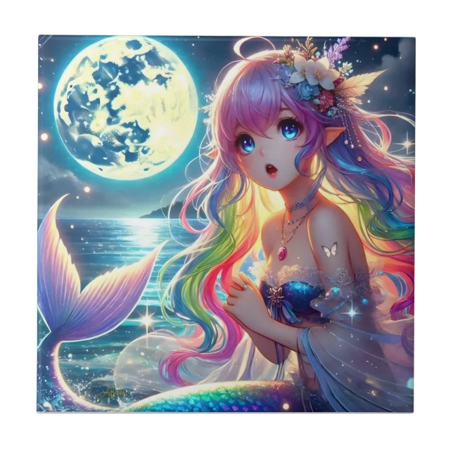 Anime Girl Singing Moonlight Pixie Rainbow Mermaid Ceramic Tile (Front)