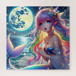 Anime Girl Singing Moonlight Pixie Rainbow Mermaid Jigsaw Puzzle