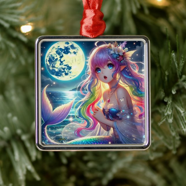 Anime Girl Singing Moonlight Pixie Rainbow Mermaid Metal Ornament (Tree)