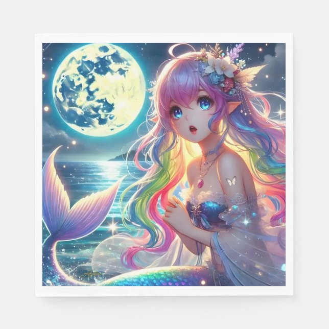 Anime Girl Singing Moonlight Pixie Rainbow Mermaid Napkins (Front)