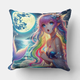 Anime Girl Singing Moonlight Pixie Rainbow Mermaid Throw Pillow