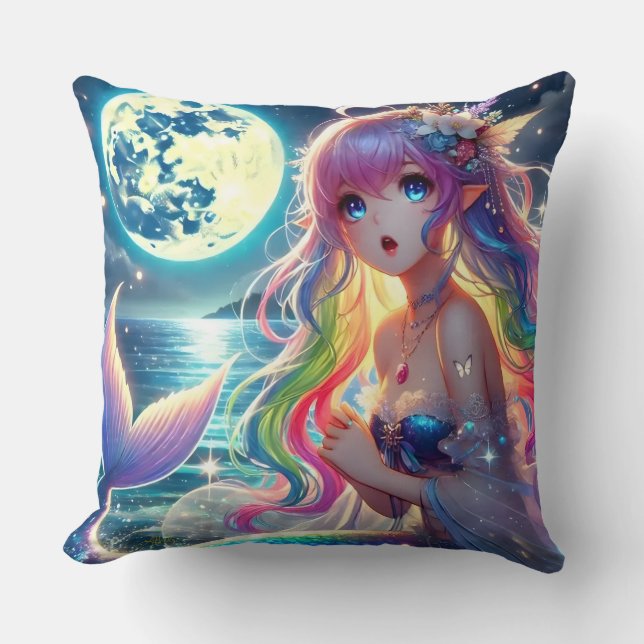Anime Girl Singing Moonlight Pixie Rainbow Mermaid Throw Pillow (Front)