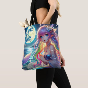 Anime Girl Singing Moonlight Pixie Rainbow Mermaid Tote Bag