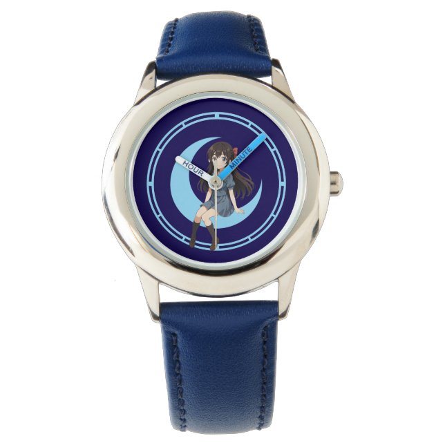 Anime Girl Sitting On A Crescent Moon Watch (Front)