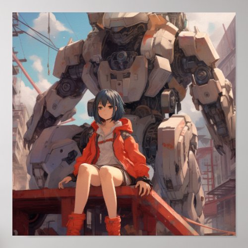 Anime Girl Sitting on a Giant Robot Hand _ Stunnin Poster
