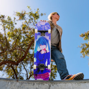 Anime girl with blue hair and a red scarf skateboarding