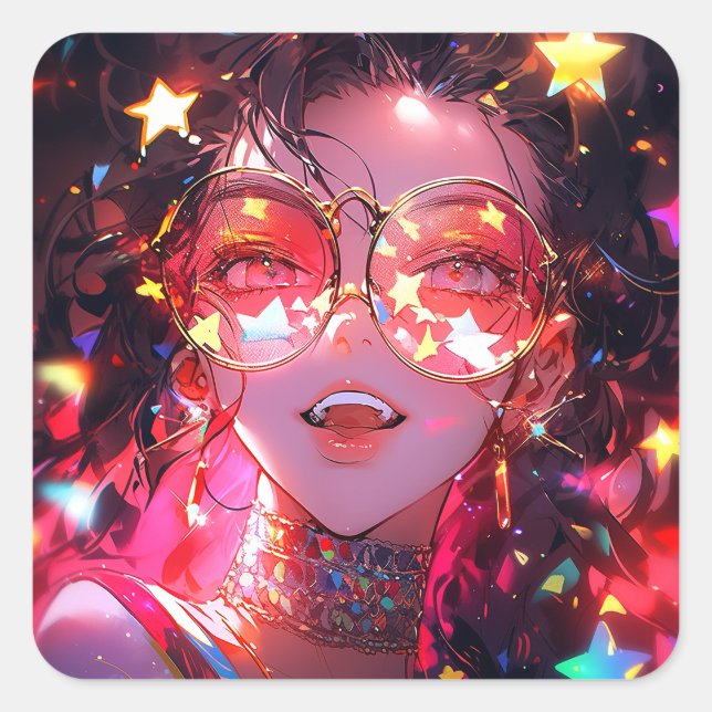 Anime Girl Stars Square Sticker (Front)