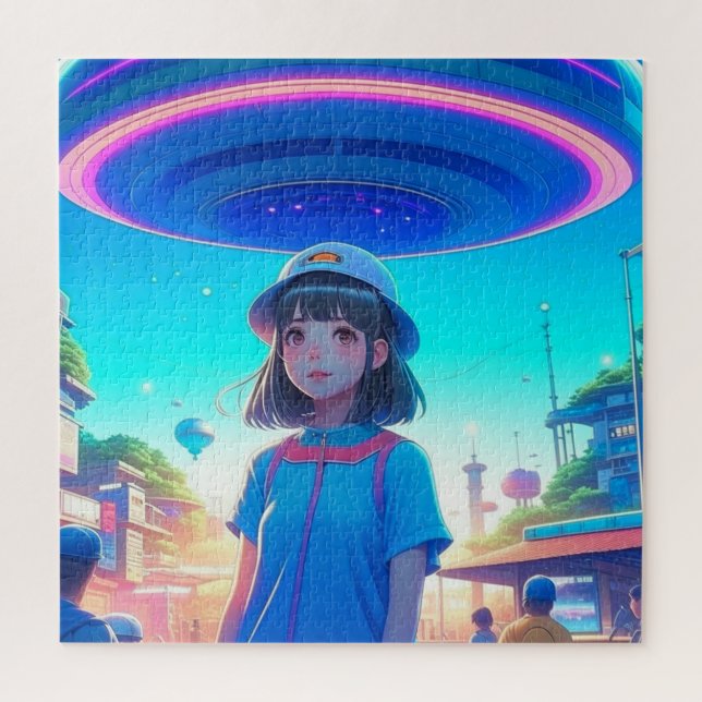 Anime Girl under a UFO in the City Jigsaw Puzzle (Vertical)