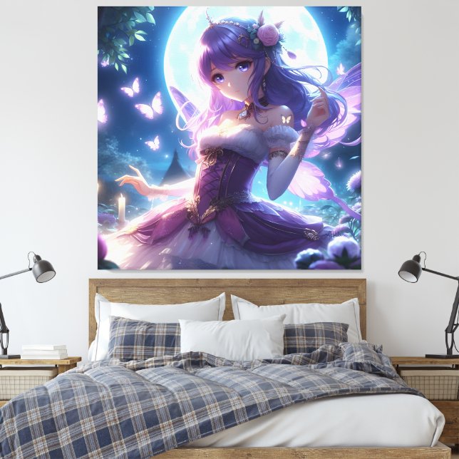 Anime Girl Violet Butterfly Wing Moon Fairy  Canvas Print (Insitu(Bedroom))