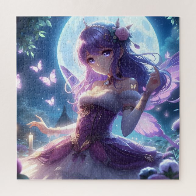 Anime Girl Violet Butterfly Wing Moon Fairy  Jigsaw Puzzle (Vertical)
