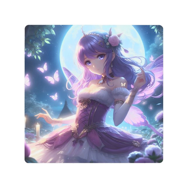Anime Girl Violet Butterfly Wing Moon Fairy  Metal Print (Front)