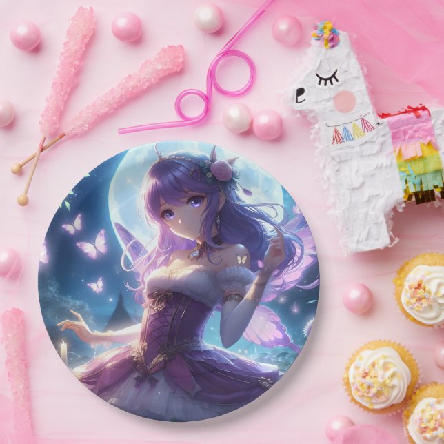 Anime Girl Violet Butterfly Wing Moon Fairy  Paper Plates (Party)