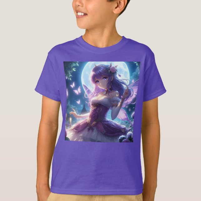Anime Girl Violet Butterfly Wing Moon Fairy  T-Shirt (Front)