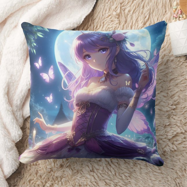 Anime Girl Violet Butterfly Wing Moon Fairy  Throw Pillow (Blanket)