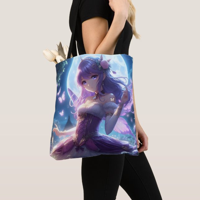 Anime Girl Violet Butterfly Wing Moon Fairy  Tote Bag (Close Up)
