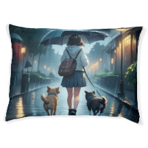 Anime Girl Walking Dogs in Rain Moody AestheticArt