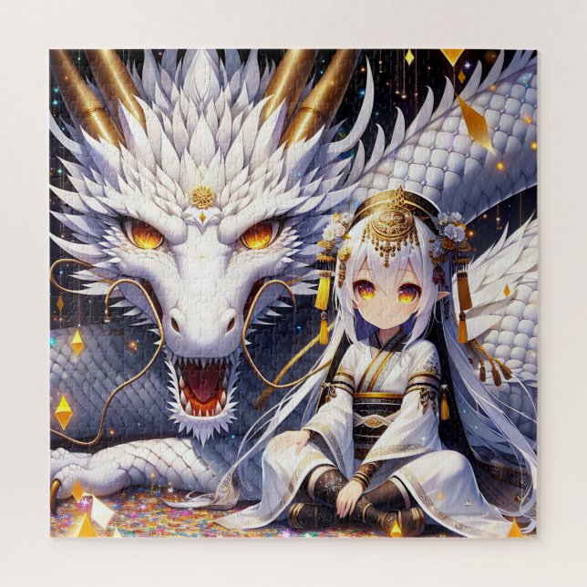 Anime Girl Warrior and Dragon Ai Art Jigsaw Puzzle (Vertical)