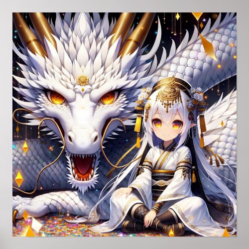 Anime Girl Warrior and Dragon Ai Art Poster