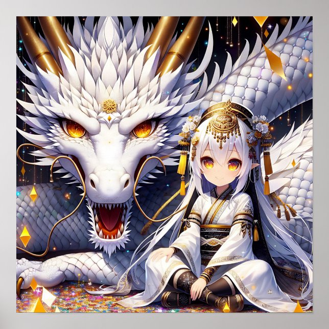 Anime Girl Warrior and Dragon Ai Art Poster (Front)