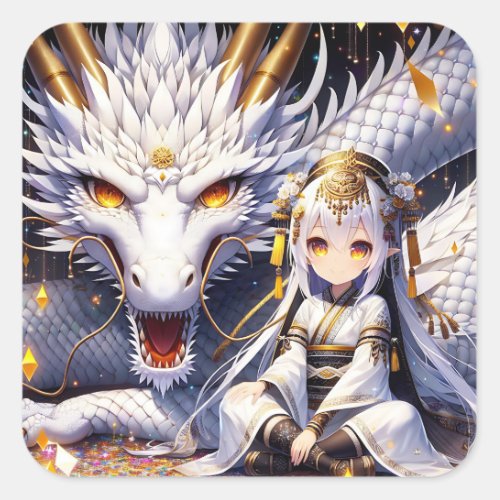 Anime Girl Warrior and Dragon Ai Art Square Sticker