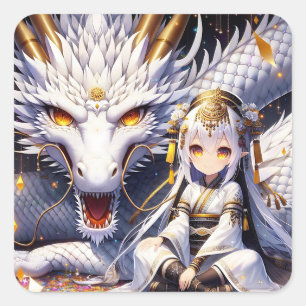 Anime Girl Warrior and Dragon Ai Art Square Sticker
