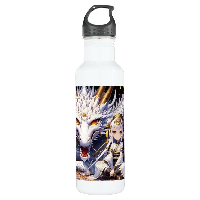 Anime Girl Warrior and Dragon Ai Art Stainless Steel Water Bottle (Front)