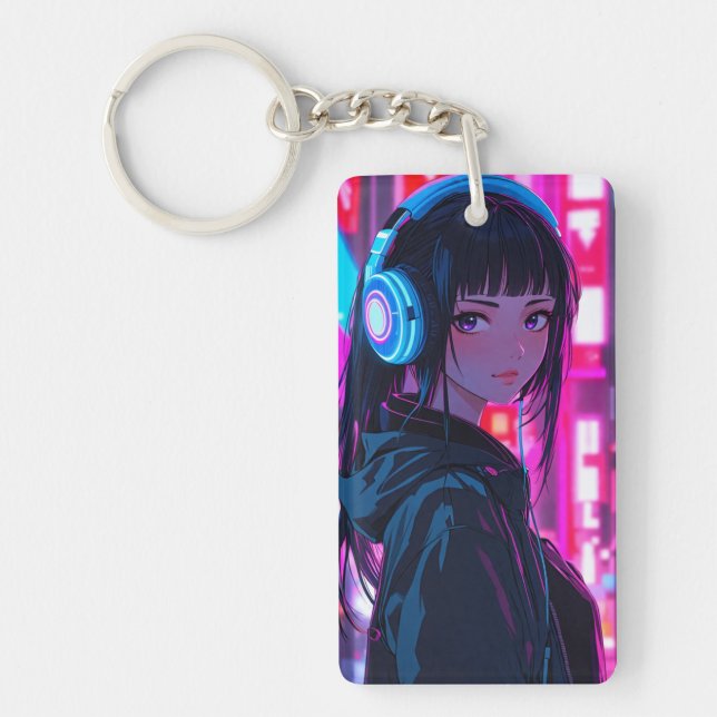 Anime Girl wearing a Headset in Cyberpunk Style Ke Keychain (Front)
