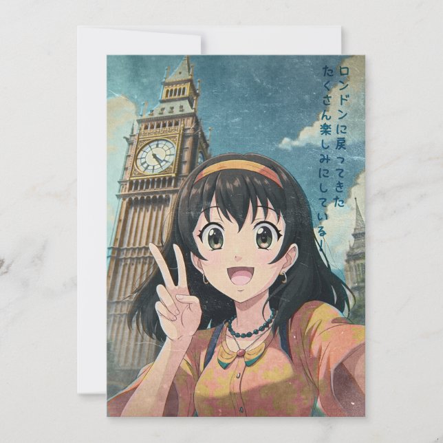 Anime Girl with Big Ben, London - Retro Kawaii Art Thank You Card (Front)