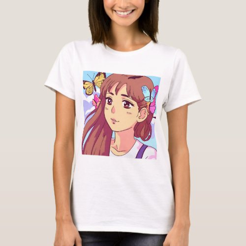 Anime Girl With Butterflies  T_Shirt